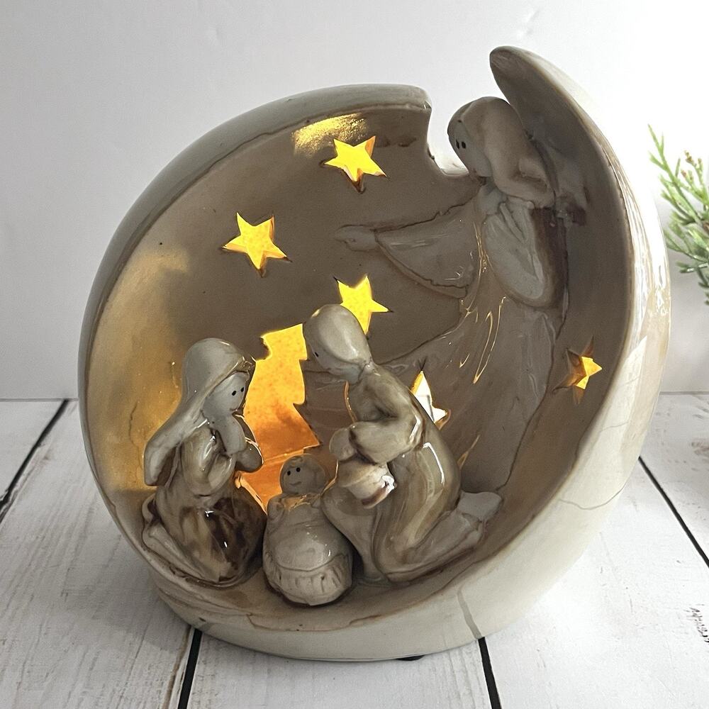 Ceramic Pottery Nativity Figurine Holy Family Angel Jesus Luminary Votive Holder